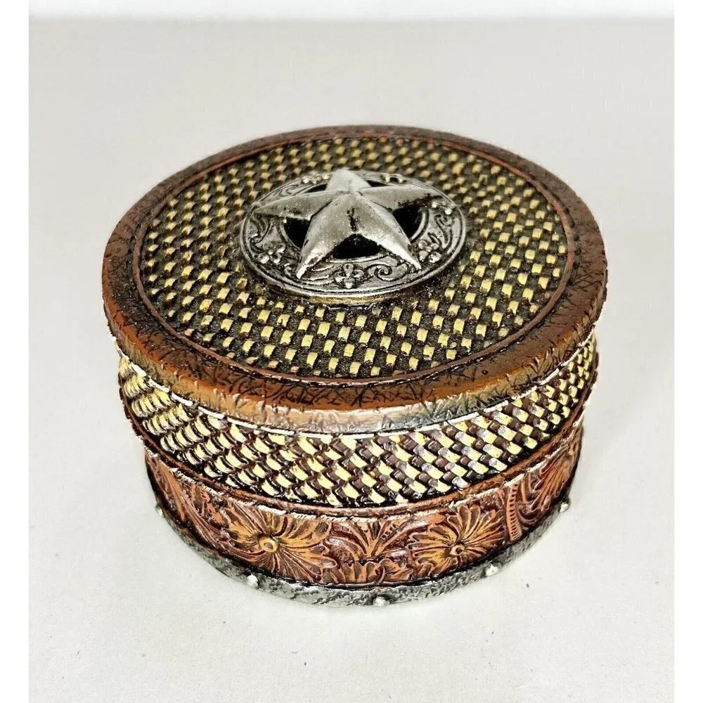 Midwest Seasons Tooled Leather Texture Round Resin Silver Star Trinket Box